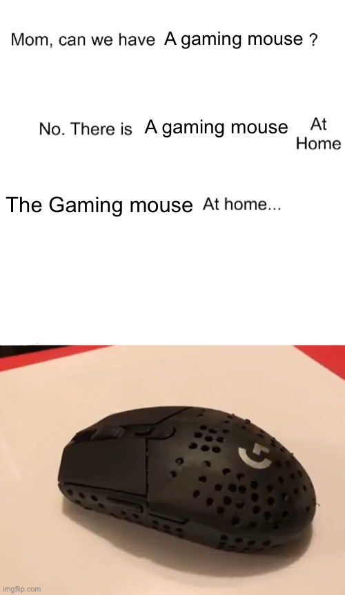 Mf actually drilled those holes in thinking it would- | A gaming mouse; A gaming mouse; The Gaming mouse | image tagged in mom can we have | made w/ Imgflip meme maker