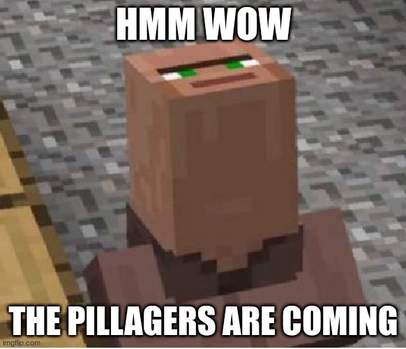 Minecraft Villager Looking Up | HMM WOW; THE PILLAGERS ARE COMING | image tagged in minecraft villager looking up | made w/ Imgflip meme maker