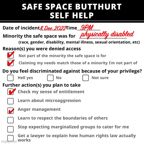 Reverse discrimination / Safe space exclusion form for people with privilege people claiming oppression | 8 Dec 2022; 9PM; physically disabled; ✔︎; ✔︎; ✔︎; ✔︎ | image tagged in safe space butthurt,entitlement,privilege,microaggression,reverse racism,safe space | made w/ Imgflip meme maker