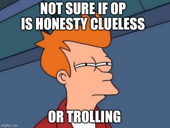 Maybe trolling ... maybe not... hard to tell anymore | NOT SURE IF OP IS HONESTY CLUELESS; OR TROLLING | image tagged in futurama fry,trolling the troll,troll,dumb people,sealioning,i'm surrounded by idiots | made w/ Imgflip meme maker
