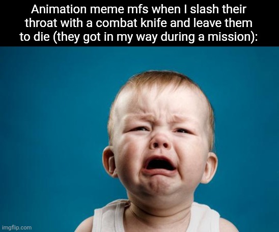 . |  Animation meme mfs when I slash their throat with a combat knife and leave them to die (they got in my way during a mission): | image tagged in baby crying | made w/ Imgflip meme maker