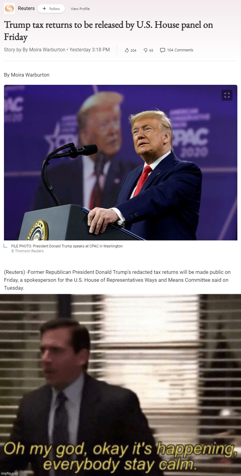 It's happening. It's really happening. Days before Republicans take over Congress. Epic W. | image tagged in oh my god okay it's happening everybody stay calm,trump,trump is an asshole,trump is a moron,donald trump is an idiot,taxes | made w/ Imgflip meme maker