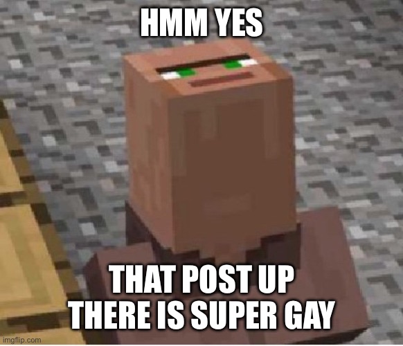 Image title | HMM YES; THAT POST UP THERE IS SUPER GAY | image tagged in minecraft villager looking up | made w/ Imgflip meme maker