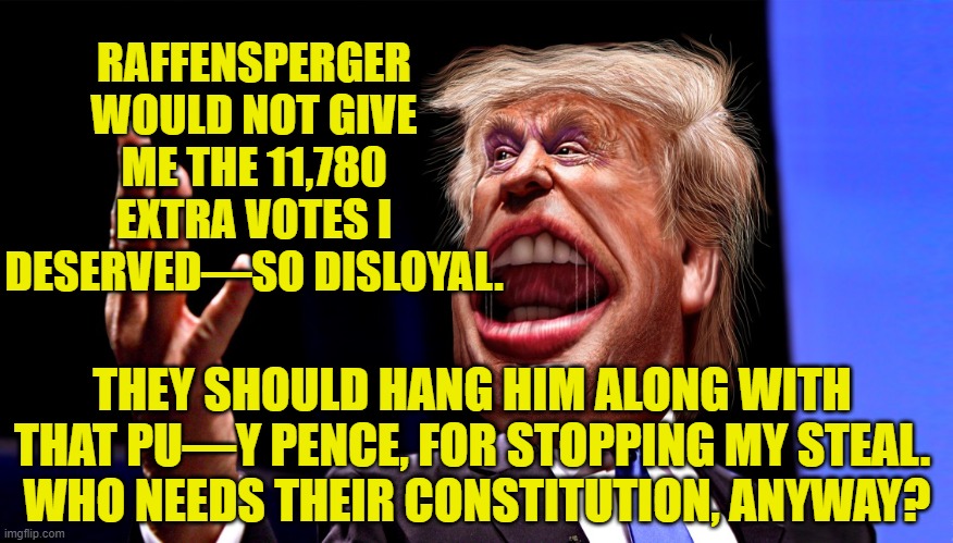 RAFFENSPERGER WOULD NOT GIVE ME THE 11,780 EXTRA VOTES I DESERVED—SO DISLOYAL. THEY SHOULD HANG HIM ALONG WITH THAT PU—Y PENCE, FOR STOPPING | made w/ Imgflip meme maker