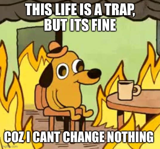 Its a trap…but its fine | THIS LIFE IS A TRAP,
BUT ITS FINE; COZ I CANT CHANGE NOTHING | image tagged in its fine | made w/ Imgflip meme maker