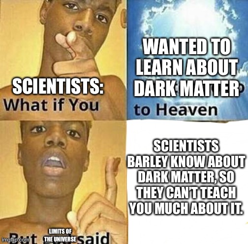What if you wanted to go to Heaven | WANTED TO LEARN ABOUT DARK MATTER; SCIENTISTS:; SCIENTISTS BARLEY KNOW ABOUT DARK MATTER, SO THEY CAN’T TEACH YOU MUCH ABOUT IT. LIMITS OF THE UNIVERSE | image tagged in what if you wanted to go to heaven | made w/ Imgflip meme maker