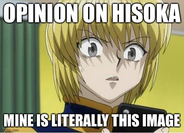 I needs to know | OPINION ON HISOKA; MINE IS LITERALLY THIS IMAGE | image tagged in kurapika lookin at his phone weird | made w/ Imgflip meme maker