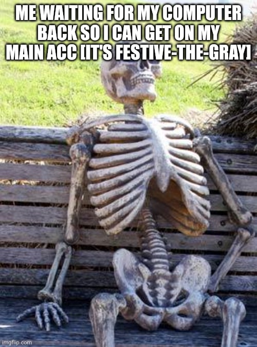 Saph it's me- I'll explain in memechat but for now can I have mod on this acc? | ME WAITING FOR MY COMPUTER BACK SO I CAN GET ON MY MAIN ACC [IT'S FESTIVE-THE-GRAY] | image tagged in memes,waiting skeleton | made w/ Imgflip meme maker
