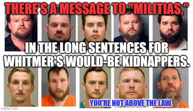 Ersatz "Patriotism," will not protect you from prosecution. | THERE'S A MESSAGE TO "MILITIAS,"; IN THE LONG SENTENCES FOR WHITMER'S WOULD-BE KIDNAPPERS. YOU'RE NOT ABOVE THE LAW. | image tagged in politics | made w/ Imgflip meme maker