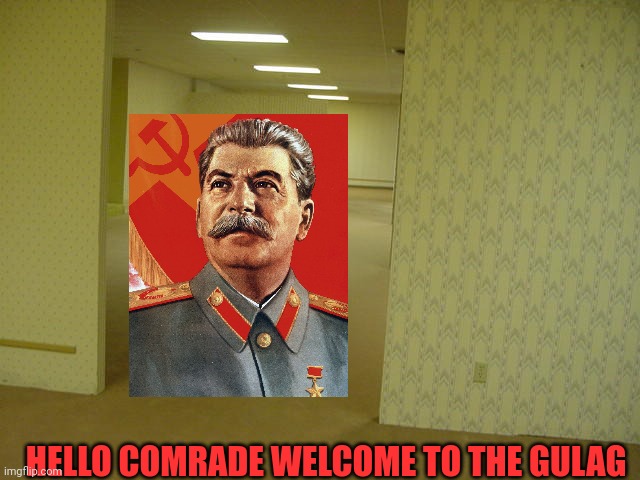 welcome to the backrooms comrade | HELLO COMRADE WELCOME TO THE GULAG | image tagged in the backrooms,joseph stalin,backrooms,gulag,russia,stalin | made w/ Imgflip meme maker