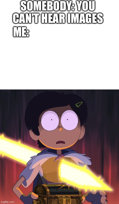 SOMEBODY: YOU CAN’T HEAR IMAGES ME: | image tagged in blank white template,amphibia sword | made w/ Imgflip meme maker
