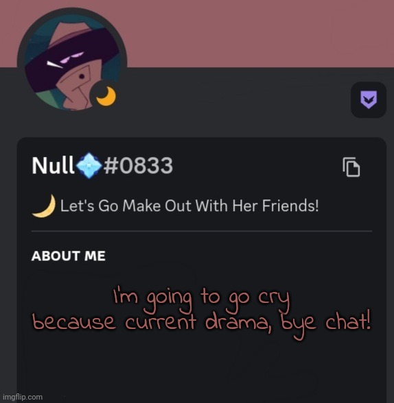 I'm going to go cry because current drama, bye chat! | made w/ Imgflip meme maker
