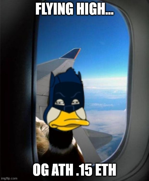 Duck on plane wing | FLYING HIGH... OG ATH .15 ETH | image tagged in duck on plane wing | made w/ Imgflip meme maker