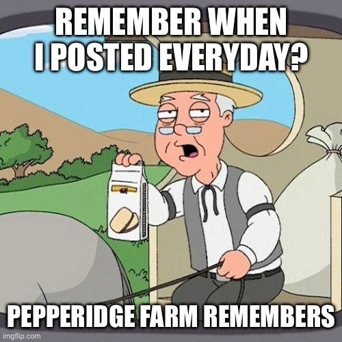 It’s been a while | REMEMBER WHEN I POSTED EVERYDAY? PEPPERIDGE FARM REMEMBERS | image tagged in memes,pepperidge farm remembers | made w/ Imgflip meme maker