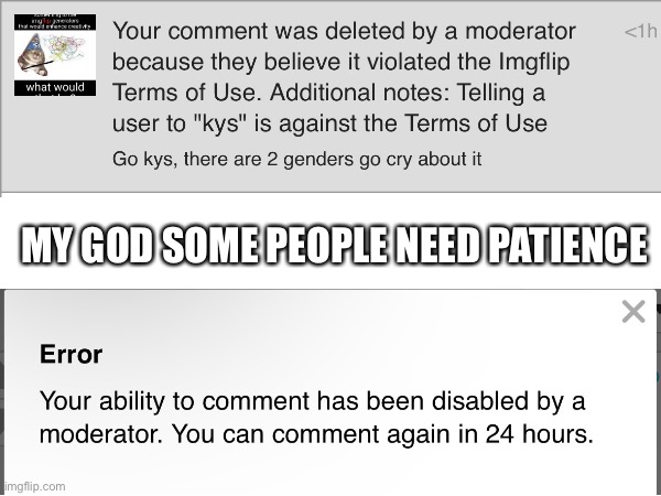 MY GOD SOME PEOPLE NEED PATIENCE | image tagged in ayo,mod,abuse | made w/ Imgflip meme maker