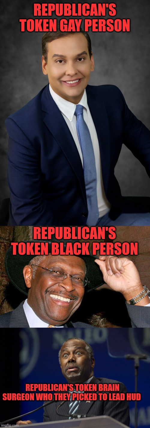 Tokens | REPUBLICAN'S TOKEN GAY PERSON; REPUBLICAN'S TOKEN BLACK PERSON; REPUBLICAN'S TOKEN BRAIN SURGEON WHO THEY PICKED TO LEAD HUD | image tagged in george santos,herman cain,ben carson | made w/ Imgflip meme maker