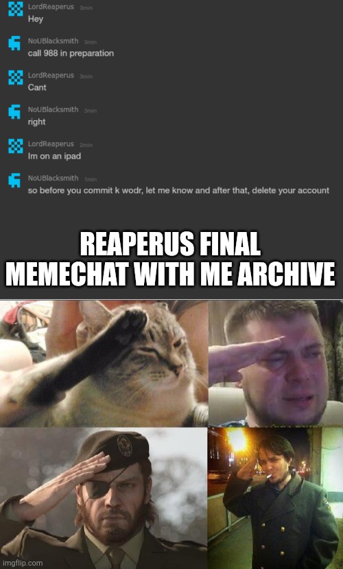 REAPERUS FINAL MEMECHAT WITH ME ARCHIVE | image tagged in ozon's salute | made w/ Imgflip meme maker