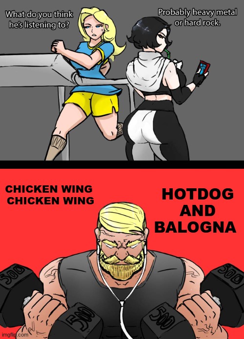 chicken and macaroni, chillin' wit my homies | HOTDOG AND BALOGNA; CHICKEN WING
 CHICKEN WING | image tagged in what do you think he's listening to | made w/ Imgflip meme maker