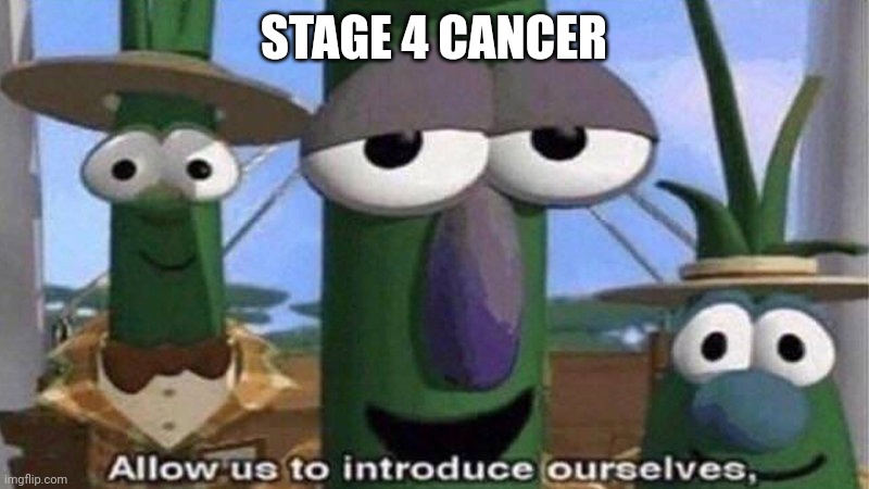 VeggieTales 'Allow us to introduce ourselfs' | STAGE 4 CANCER | image tagged in veggietales 'allow us to introduce ourselfs' | made w/ Imgflip meme maker