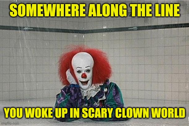 It Clown | SOMEWHERE ALONG THE LINE YOU WOKE UP IN SCARY CLOWN WORLD | image tagged in it clown | made w/ Imgflip meme maker
