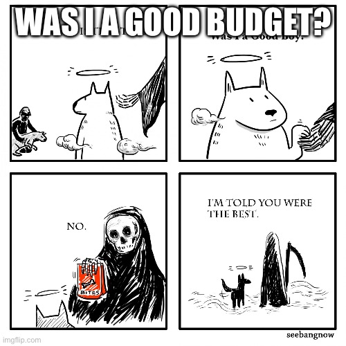 Was I A Good Boy? | WAS I A GOOD BUDGET? | image tagged in was i a good boy | made w/ Imgflip meme maker