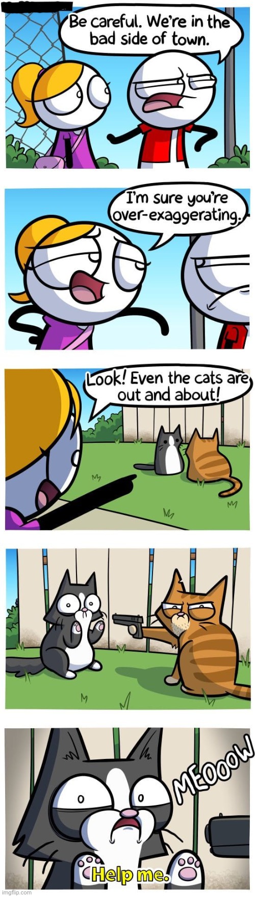 The bad side of town | image tagged in cats,cat,town,gun,comics/cartoons,comics | made w/ Imgflip meme maker