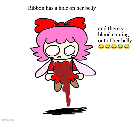 Ribbon has a hole on her belly | image tagged in kirby,gore,blood,funny,cute,fanart | made w/ Imgflip meme maker