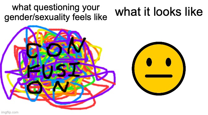 this took so long lol | what it looks like; what questioning your gender/sexuality feels like | image tagged in starter pack | made w/ Imgflip meme maker