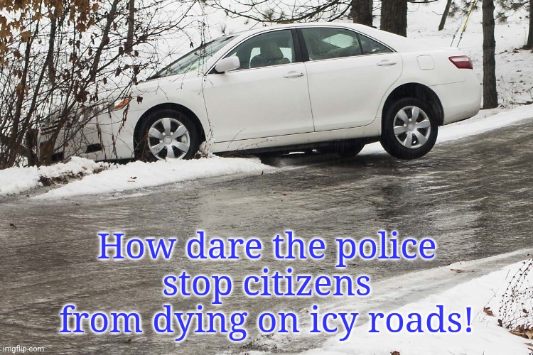 Vehicle on the Verge | How dare the police stop citizens from dying on icy roads! | image tagged in vehicle on the verge | made w/ Imgflip meme maker