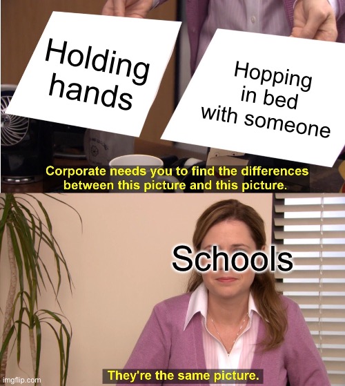 School policies be like | Holding hands; Hopping in bed with someone; Schools | image tagged in memes,they're the same picture,school,dumb rules,zero tolerance | made w/ Imgflip meme maker