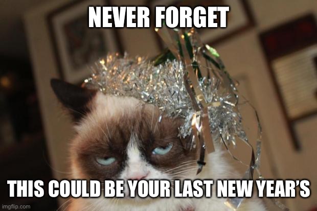 Grumpy Cat New Years | NEVER FORGET; THIS COULD BE YOUR LAST NEW YEAR’S | image tagged in grumpy cat new years | made w/ Imgflip meme maker