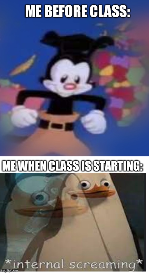 True tho |  ME BEFORE CLASS:; ME WHEN CLASS IS STARTING: | image tagged in yakko,memes | made w/ Imgflip meme maker