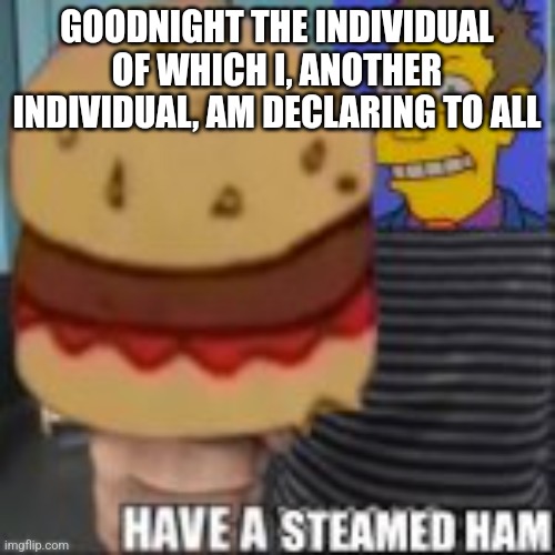 Have a steamed ham | GOODNIGHT THE INDIVIDUAL OF WHICH I, ANOTHER INDIVIDUAL, AM DECLARING TO ALL | image tagged in have a steamed ham | made w/ Imgflip meme maker