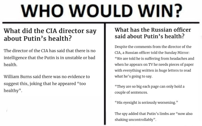 High Quality Who would win Putin's health CIA director vs. Russian Officer Blank Meme Template