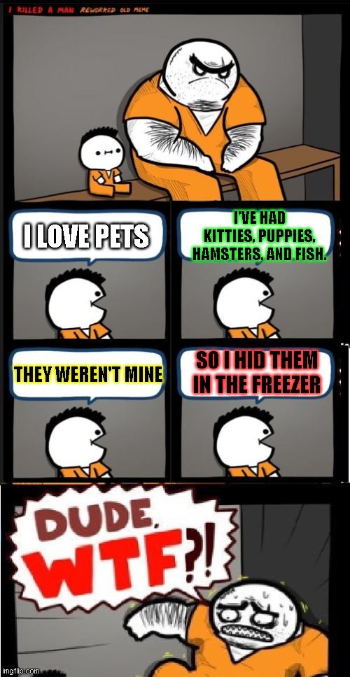 Dude WTF!?  Director's Cut | I'VE HAD KITTIES, PUPPIES, HAMSTERS, AND FISH. I LOVE PETS; THEY WEREN'T MINE; SO I HID THEM IN THE FREEZER | image tagged in dude wtf director's cut | made w/ Imgflip meme maker