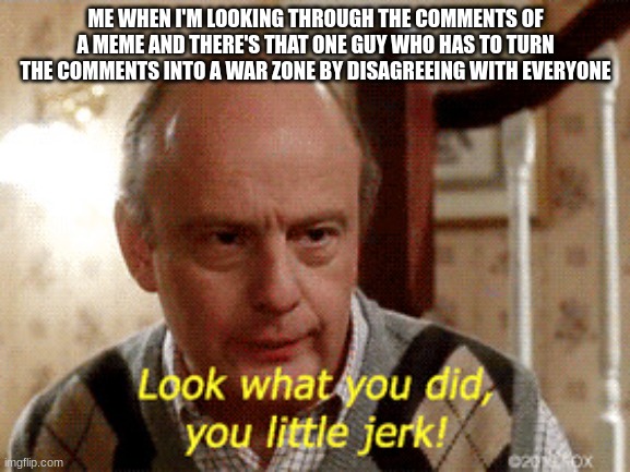 there's always that one guy who pisses everyone off, they should be banned from society | ME WHEN I'M LOOKING THROUGH THE COMMENTS OF A MEME AND THERE'S THAT ONE GUY WHO HAS TO TURN THE COMMENTS INTO A WAR ZONE BY DISAGREEING WITH EVERYONE | image tagged in look what you did you little jerk | made w/ Imgflip meme maker