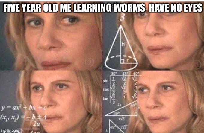 Math lady/Confused lady | FIVE YEAR OLD ME LEARNING WORMS  HAVE NO EYES | image tagged in math lady/confused lady | made w/ Imgflip meme maker