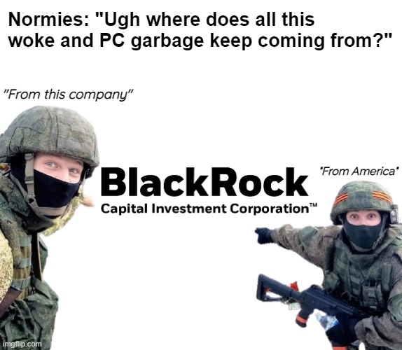 Blackrock is responsible for the ESG rating which forces media to be woke to get funds. Google it. | Normies: "Ugh where does all this woke and PC garbage keep coming from?"; "From this company"; "From America" | image tagged in woke | made w/ Imgflip meme maker