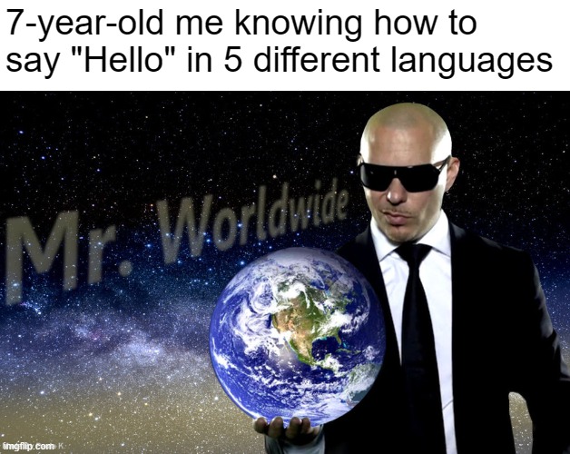 Big brain | 7-year-old me knowing how to say "Hello" in 5 different languages | image tagged in mr worldwide,childhood,big brain,language,hello | made w/ Imgflip meme maker