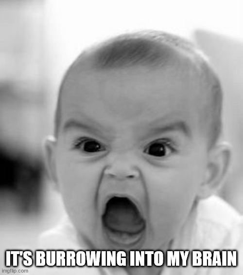 Angry Baby Meme | IT'S BURROWING INTO MY BRAIN | image tagged in memes,angry baby | made w/ Imgflip meme maker