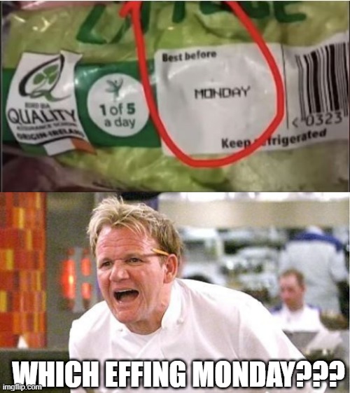 Expire | WHICH EFFING MONDAY??? | image tagged in memes,chef gordon ramsay | made w/ Imgflip meme maker