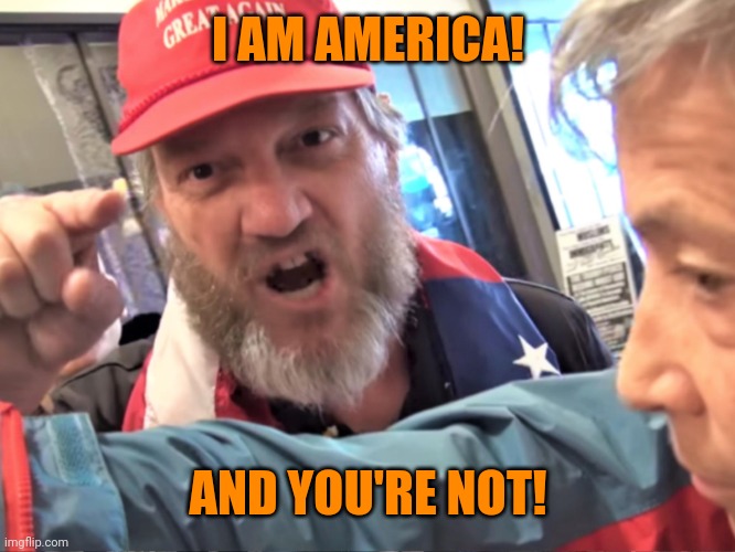 Angry Trump Supporter | I AM AMERICA! AND YOU'RE NOT! | image tagged in angry trump supporter | made w/ Imgflip meme maker