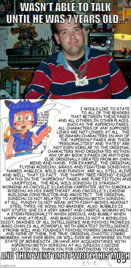 Hey, just saying... | WASN'T ABLE TO TALK UNTIL HE WAS 7 YEARS OLD... AND THEN WENT ON TO WRITE THIS MUCH | image tagged in chris chan,sonichu,memes,funny,writing,text | made w/ Imgflip meme maker