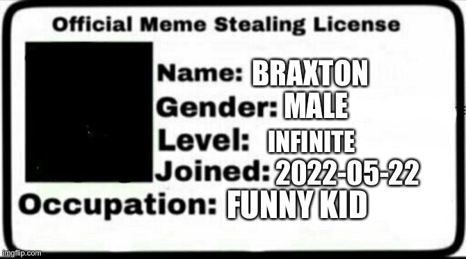 Meme Stealing License | BRAXTON; MALE; INFINITE; 2022-05-22; FUNNY KID | image tagged in meme stealing license | made w/ Imgflip meme maker