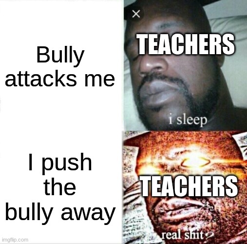 Sleeping Shaq Meme | Bully attacks me; TEACHERS; I push the bully away; TEACHERS | image tagged in memes,sleeping shaq,teachers,bullying | made w/ Imgflip meme maker