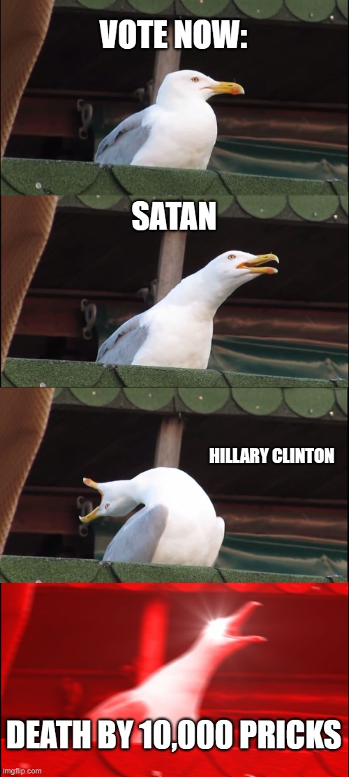 Vote now | VOTE NOW:; SATAN; HILLARY CLINTON; DEATH BY 10,000 PRICKS | image tagged in memes,inhaling seagull,satan,hillary clinton | made w/ Imgflip meme maker
