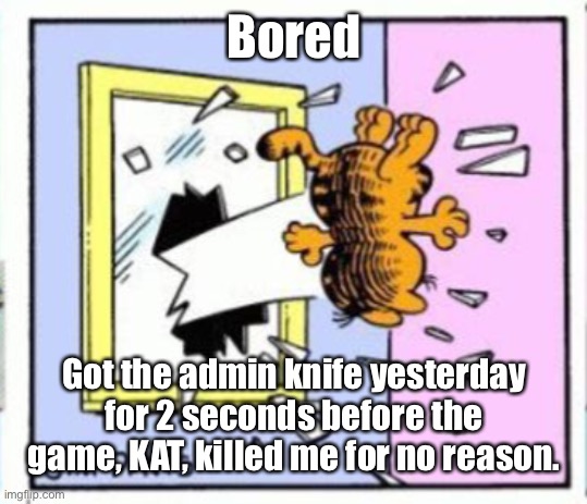 Garfield gets thrown out of a window | Bored; Got the admin knife yesterday for 2 seconds before the game, KAT, killed me for no reason. | image tagged in garfield gets thrown out of a window | made w/ Imgflip meme maker