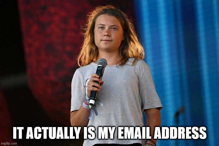 SDE | IT ACTUALLY IS MY EMAIL ADDRESS | image tagged in greta thunberg | made w/ Imgflip meme maker