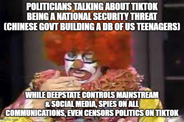 please | POLITICIANS TALKING ABOUT TIKTOK BEING A NATIONAL SECURITY THREAT (CHINESE GOVT BUILDING A DB OF US TEENAGERS); WHILE DEEPSTATE CONTROLS MAINSTREAM & SOCIAL MEDIA, SPIES ON ALL COMMUNICATIONS, EVEN CENSORS POLITICS ON TIKTOK | image tagged in memes | made w/ Imgflip meme maker