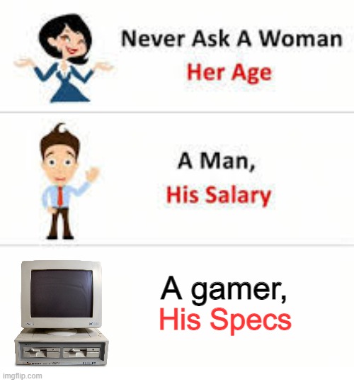 Nether ask a gamer his specs | A gamer, His Specs | image tagged in never ask a woman her age,pc gaming | made w/ Imgflip meme maker